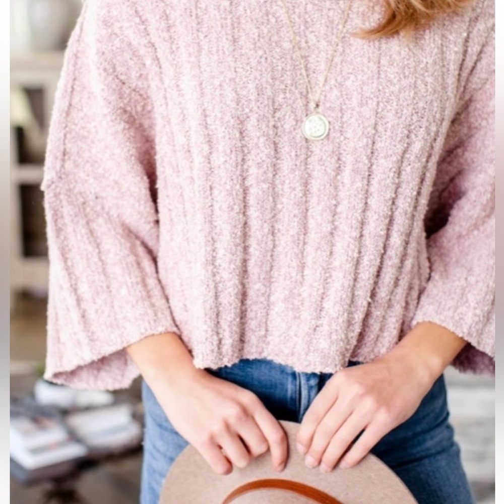 Free People Textured Knit Sweater mauve  and Cream wide sleeve ribbed sweater - Picture 11 of 11